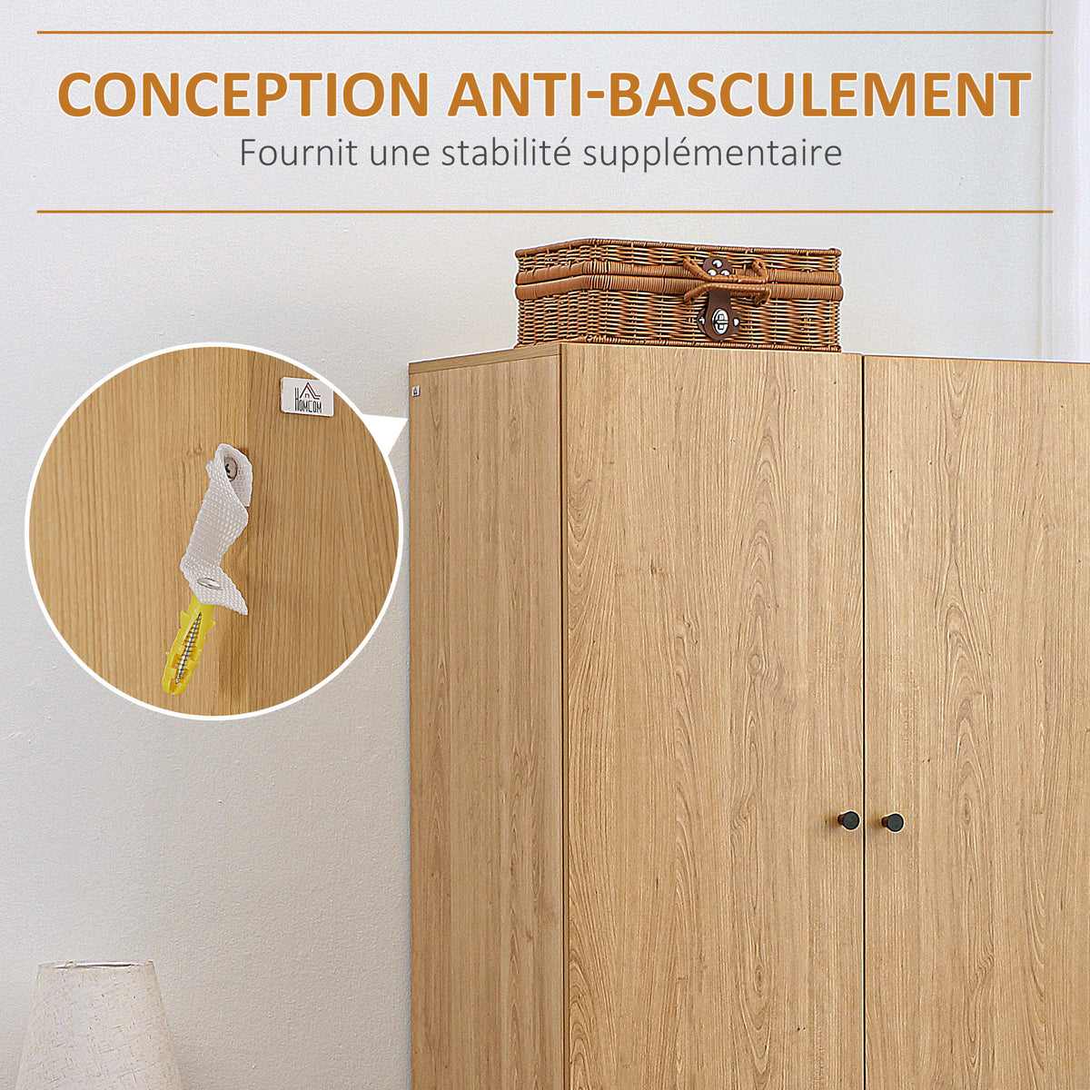 Armoire à vêtements armoire de rangement penderie avec 2 portes, 2 tiroirs et tringle - 80 x 52 x 180 cm - aspect bois-5