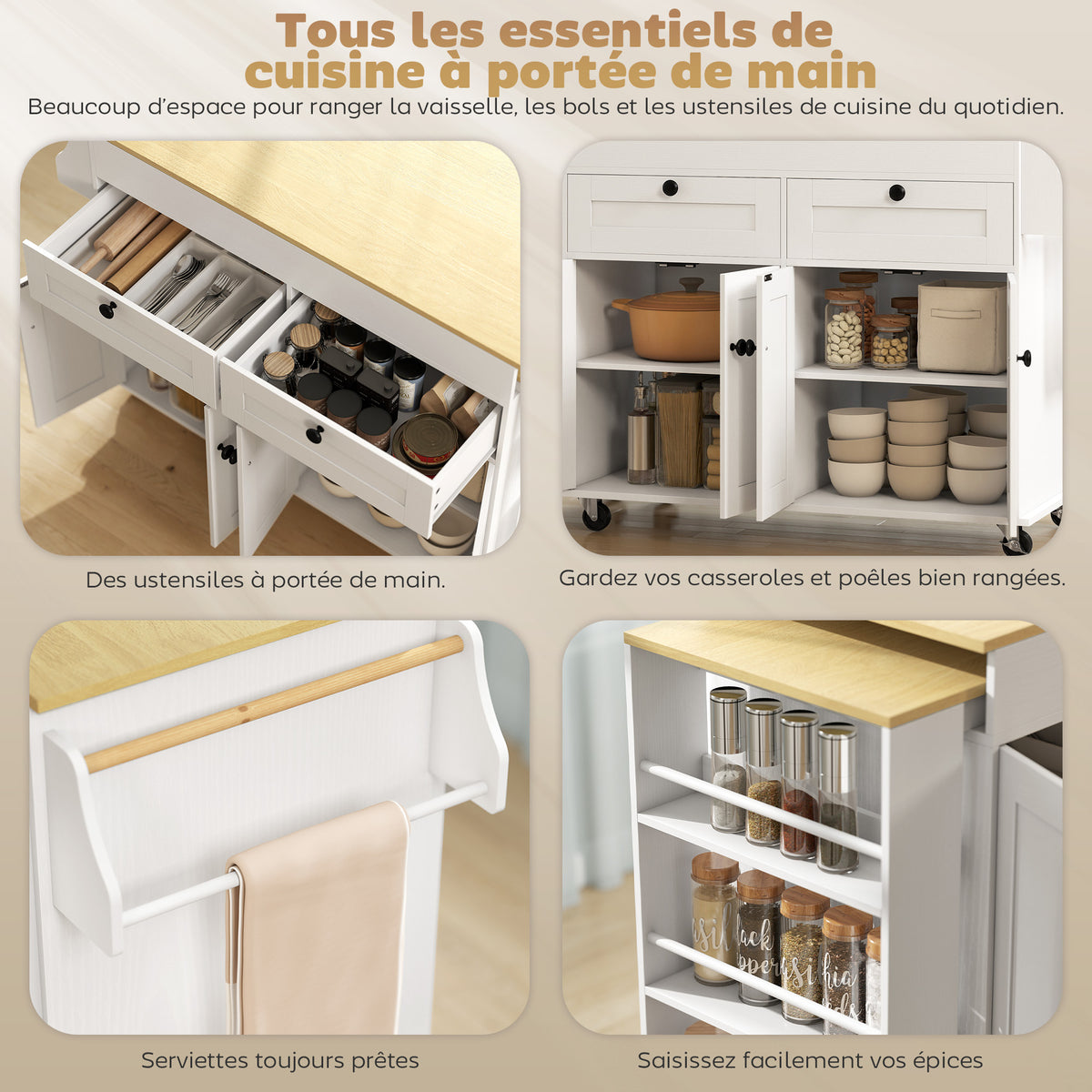 îlot central cuisine avec plateau extensible, desserte de cuisine sur roulettes avec 2 tiroirs, 4 portes, blanc-4
