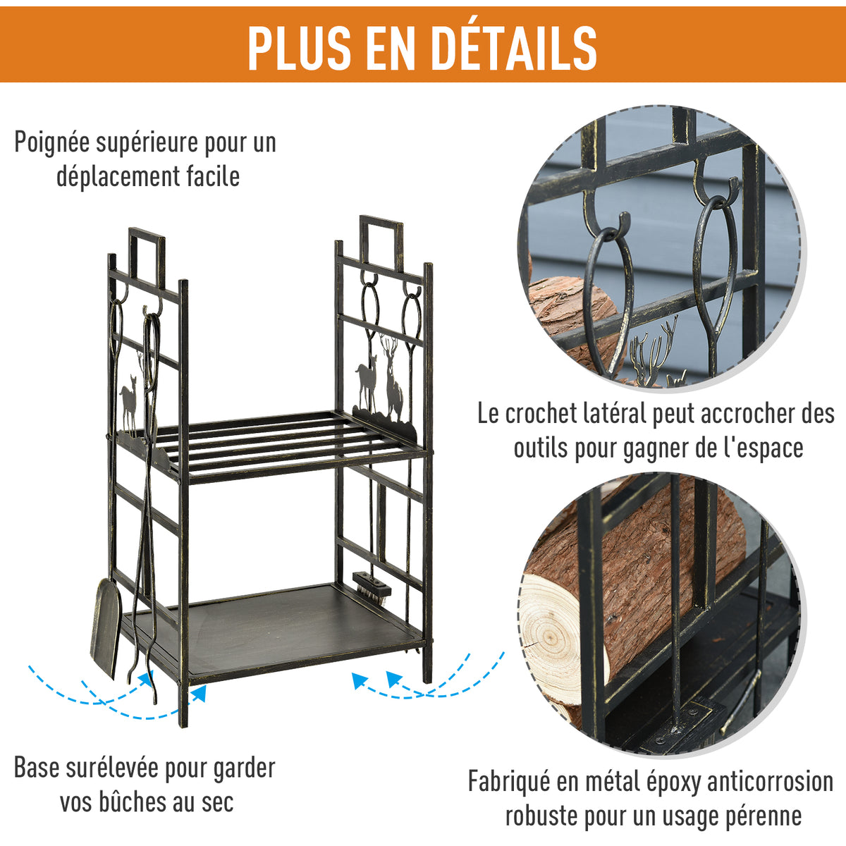 Porte-bûches range bûches étagère à bois de cheminée serviteur de cheminée cerf multi-accessoires 2 étagères dim. 51,5L x 33l x 77H cm métal noir or vieilli-3