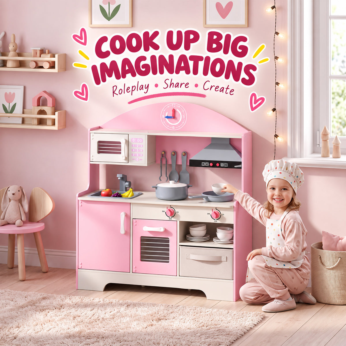 Cuisine Enfant avec Lumières et Sons, Cuisine de Jeu avec Tiroir en Tissu et 5 Accessoires, pour Enfants 3-6 Ans, Rose-7