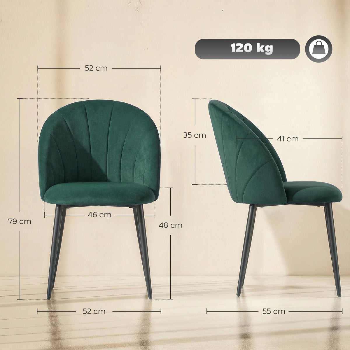 Lot de 2 chaises de salle à manger, chaises de cuisine rembourrées sans accoudoirs, pieds en acier, 52x55x79cm, vert-2