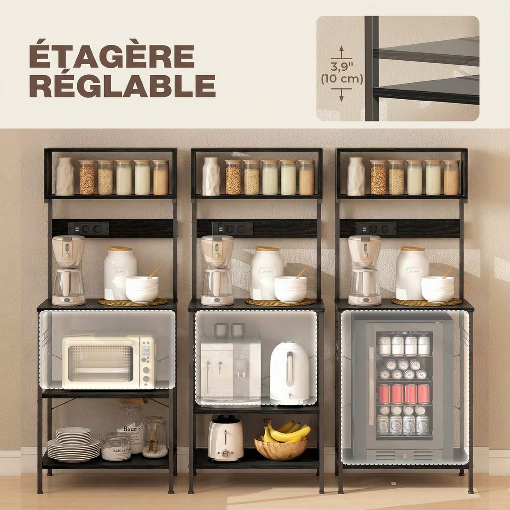 Étagère de cuisine support pour micro-ondes avec 2 chargeurs USB et 2 prise de courant, 5 crochets et étagère réglable-5