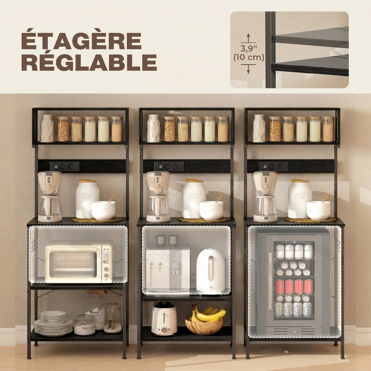 Étagère de cuisine support pour micro-ondes avec 2 chargeurs USB et 2 prise de courant, 5 crochets et étagère réglable-5