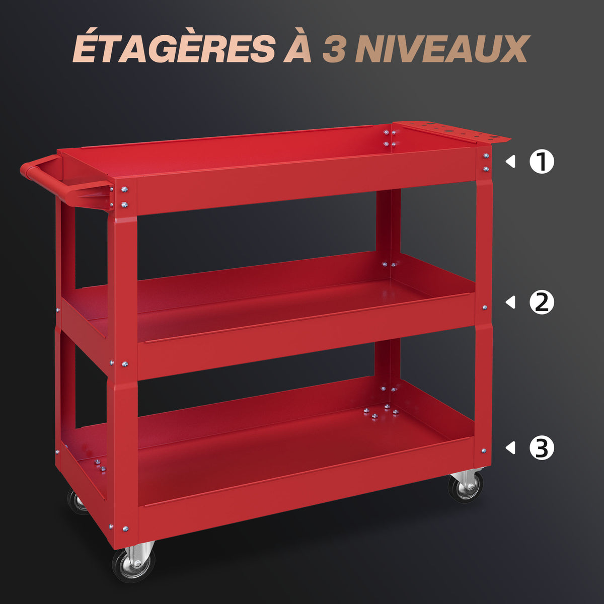 Chariot desserte d'atelier acier 3 plateaux sur roulettes avec poignée charge max. 150 kg 83 x 35,3 x 76 cm acier rouge-3