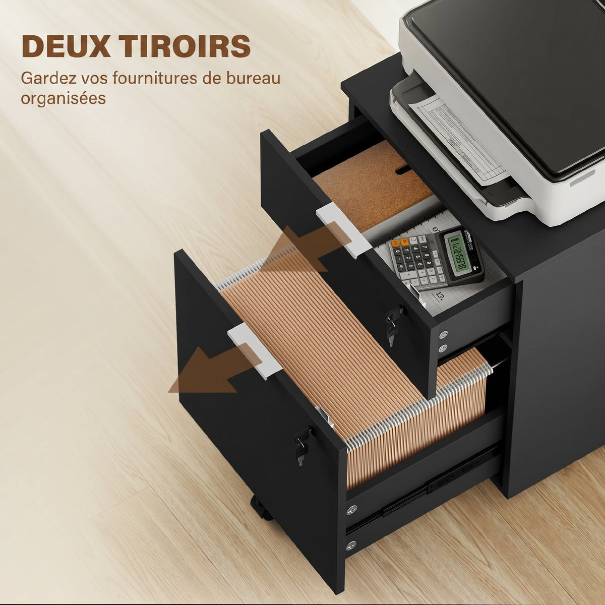 Caisson de bureau, meuble de rangement 2 tiroirs 2 barres pour dossier suspendu, verrouillable avec 2 clés 42x40x60 cm-3