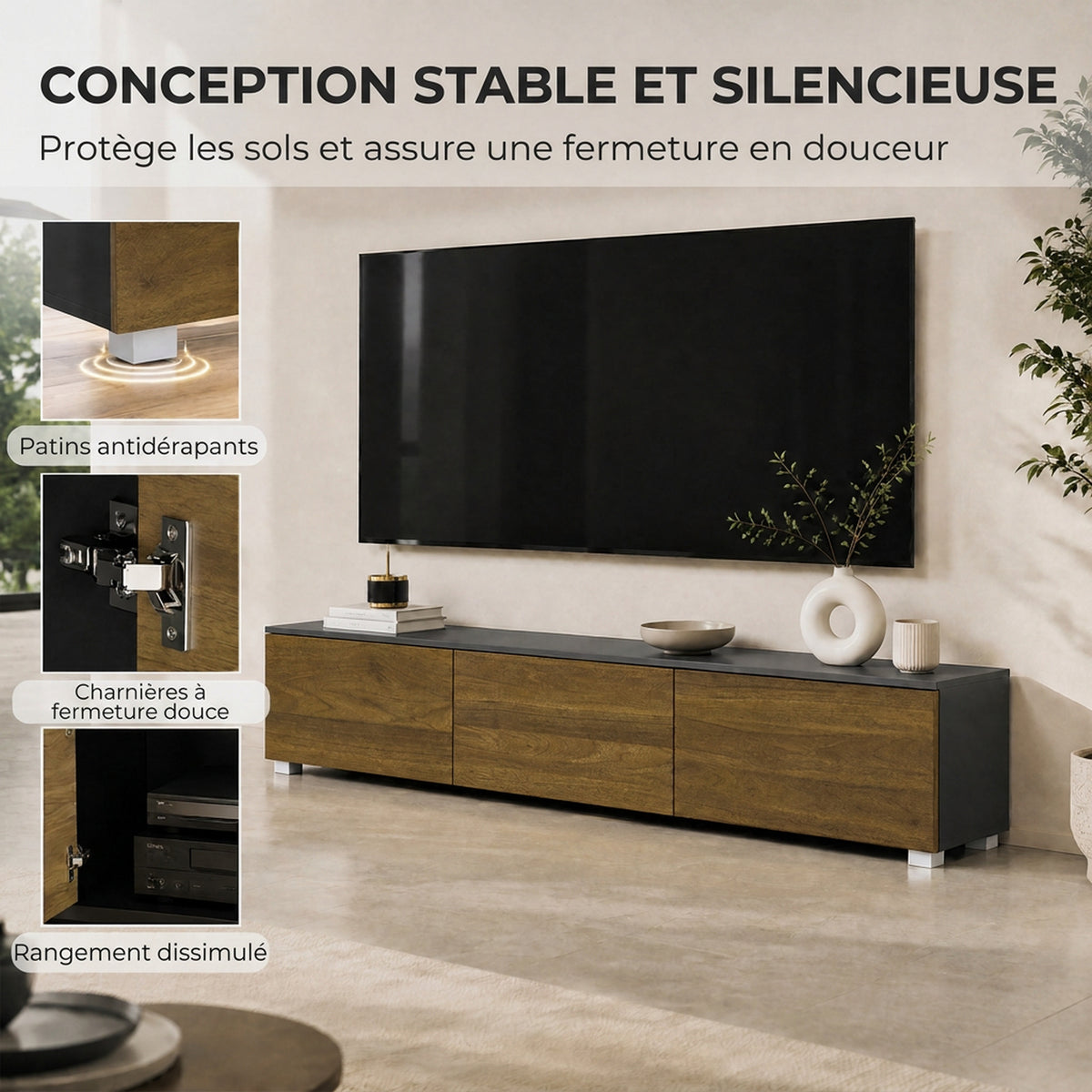 Meuble TV Suspendu ou sur Pied 160 cm pour Téléviseur 65 Pouces, Porte à fermeture, Passe-câbles, Noyer-3