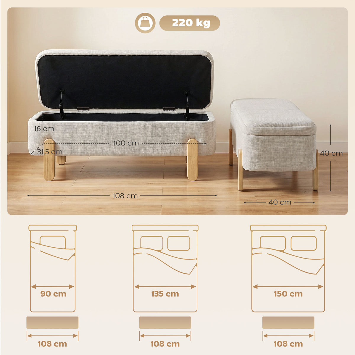 Banc Coffre de Rangement 108 cm, Bout de Lit en Chenille avec Pieds en Bois, Style Moderne, Charge Max. 220 kg, Beige-2