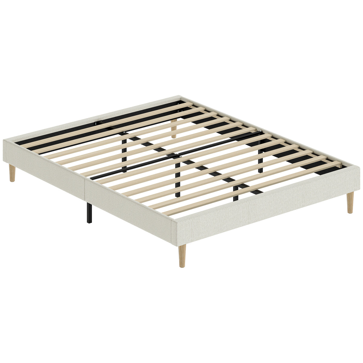 Cadre de Lit 140 x 190 cm avec Sommier, Lit Double Rembourré en Velours Côtelé, Espace de Rangement Au-Dessous, Crème-0