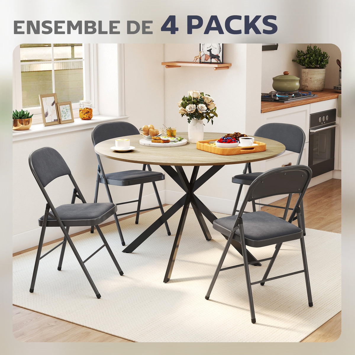 Lot de 4 chaises pliantes et portables intérieur avec assises et dossiers rembourrés en velours, cadre en acier, gris foncé-3