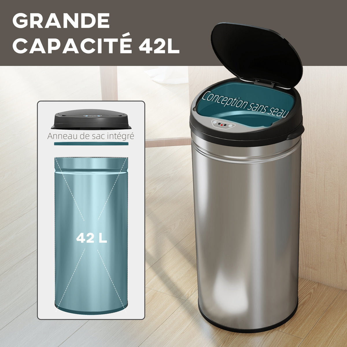 Poubelle cuisine automatique 42L acier inoxydable, poubelle à couvercle à fermeture en douceur, 30,5x30,5x68cm, argent-4