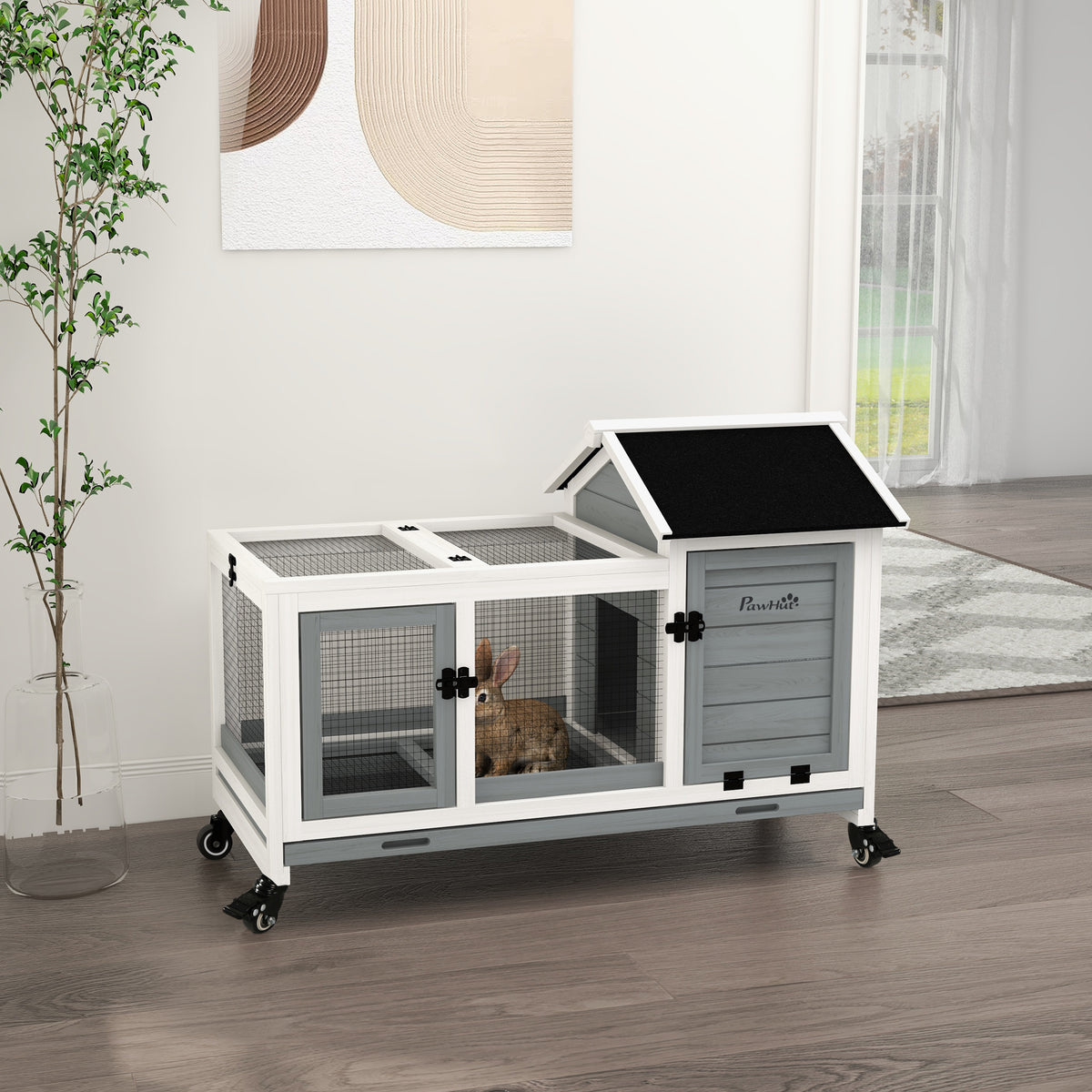 Clapier cage à lapins rongeurs sur roulettes 2 portes verrouillables - dim. 108L x 58l x 73,5H cm - bois massif-1
