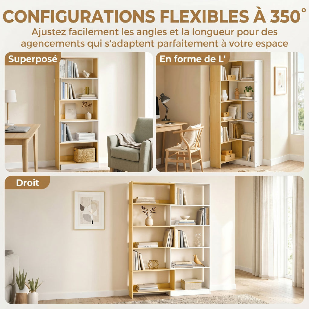 Bibliothèque d'angle rotative 350° à 5 niveaux, étagère de rangement extensible en forme L, 60-111x24x164cm, chêne-3