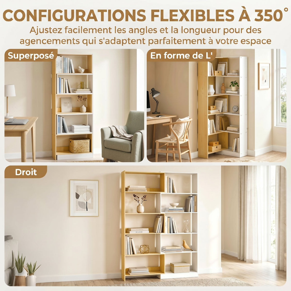Bibliothèque d'angle rotative 350° à 5 niveaux, étagère de rangement extensible en forme L, 60-111x24x164cm, chêne-3