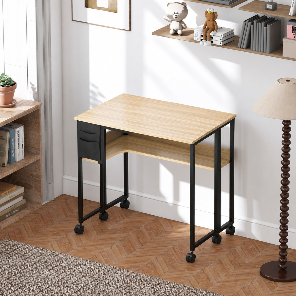 Bureau pliable sur roulettes 80 x 50 cm avec étagère et sac de rangement, chêne-1