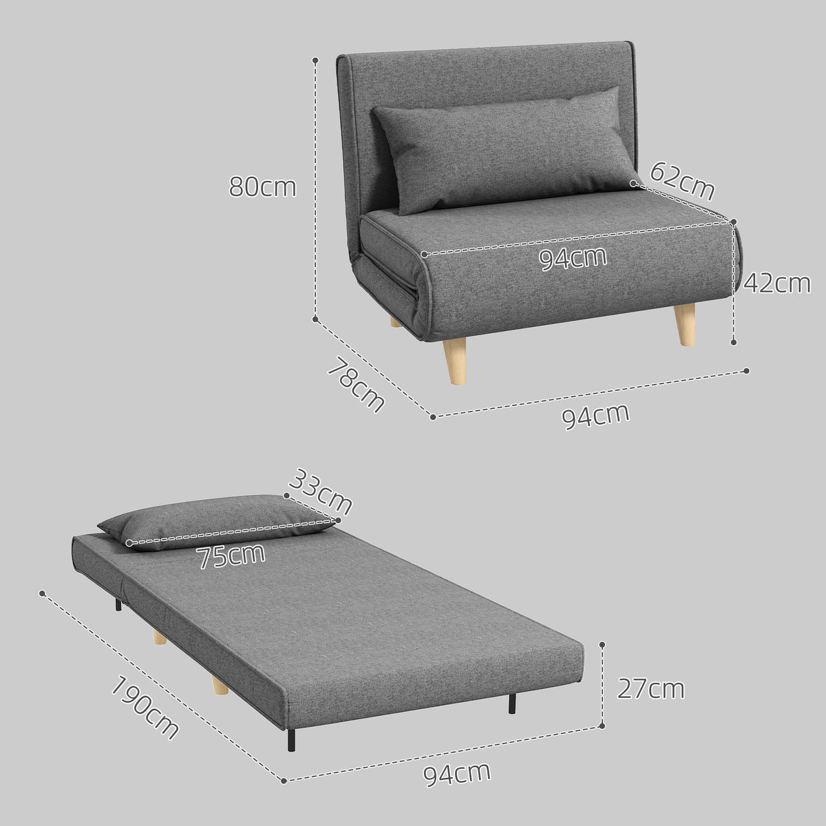 Fauteuil convertible 1 place, fauteuil-lit chauffeuse 3 en 1, dossier réglable, oreiller, tissu en lin, 94x78x80cm, gris-2