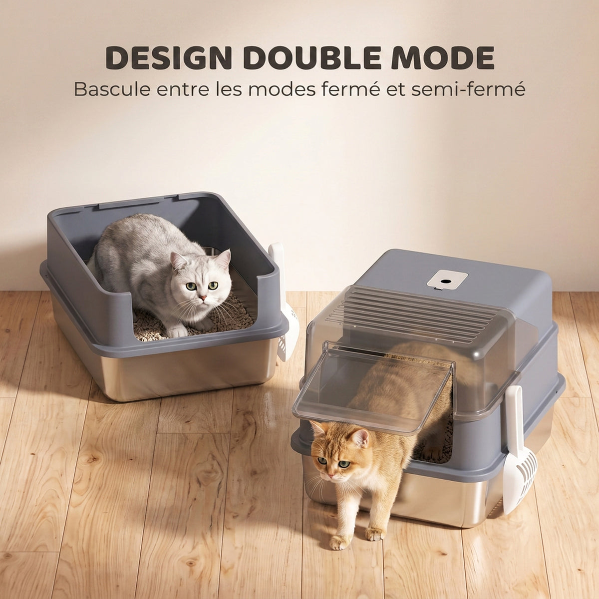Bac à Litière pour Chat en Acier Inox. 2 en 1 Couvercle Pelle Filtres Sacs Désodorisants Grande Taille 48x38x34cm Gris-3