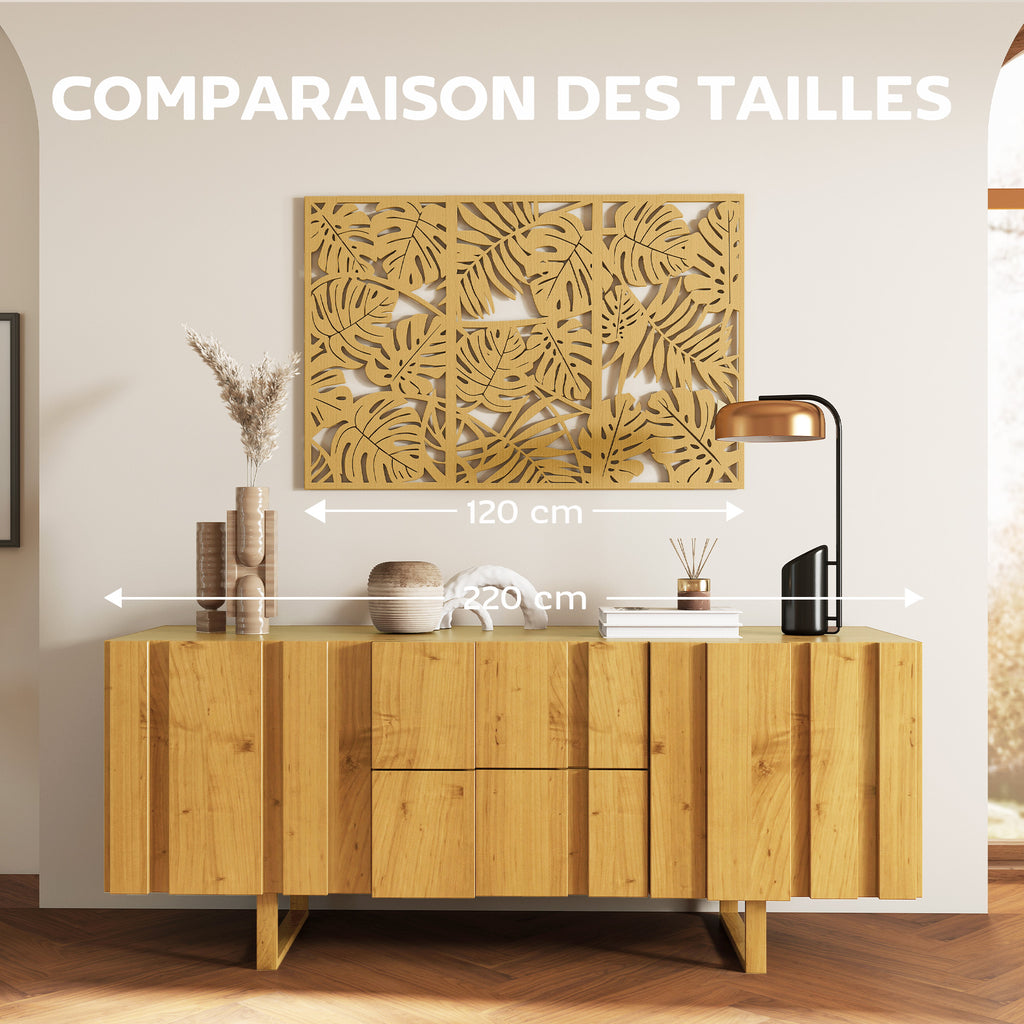 Ensemble de 3 Décorations Murales en Bois 3D, 40 x 80 cm, Feuilles Tropicales, Effet Bois Naturel-6