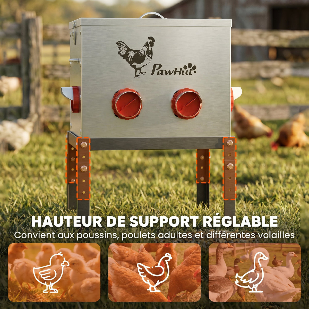 Mangeoire Automatique à Poulet 27L, 6 Ports, Hauteur Reglable, Couvercle Verrouillable, 42x25x55cm, Acier, Argent-4