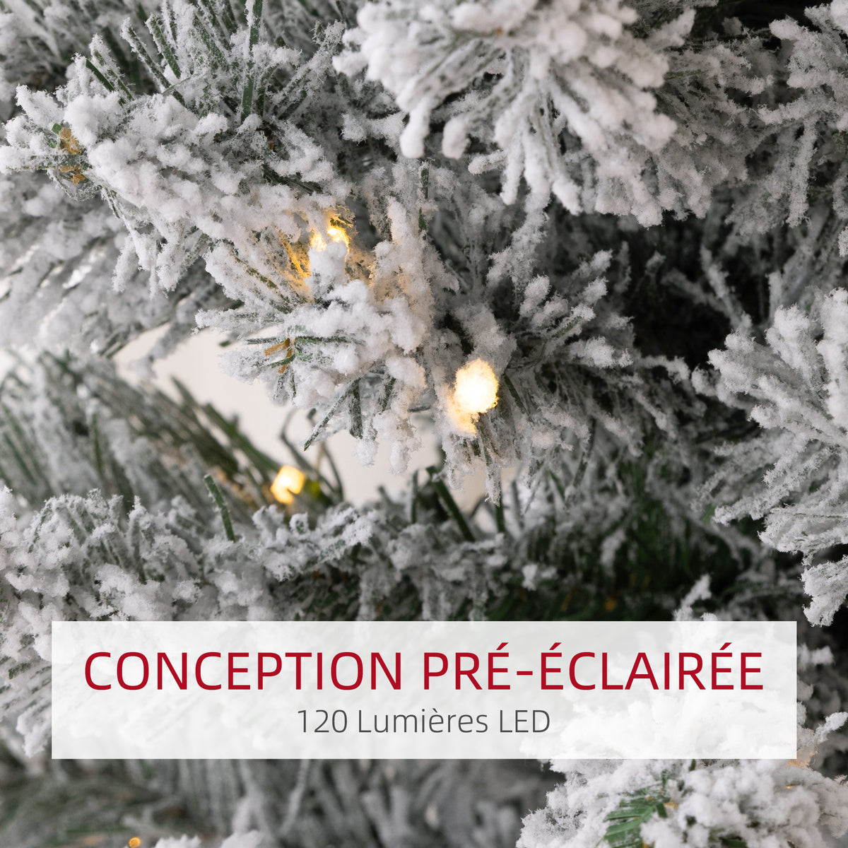Sapin de Noël artificiel 150 cm avec éclairage LED blanc chaud, 263 branches enneigées, base en métal, réaliste et fin-4