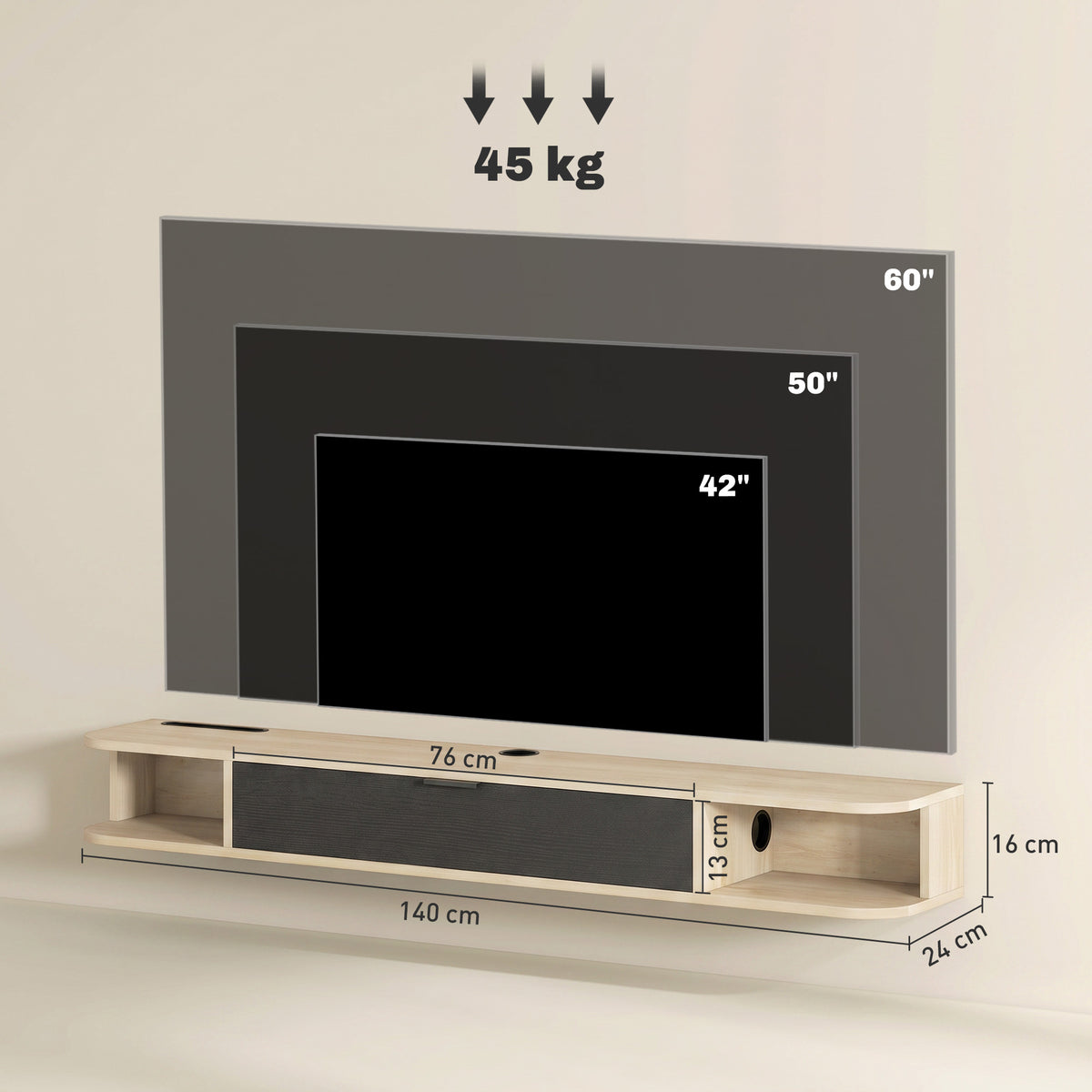 Meuble TV suspendu, meuble télé pour téléviseur jusqu'à 60 pouces, tiroir rabattable 2 étagères 140x24x16cm bois naturel-2