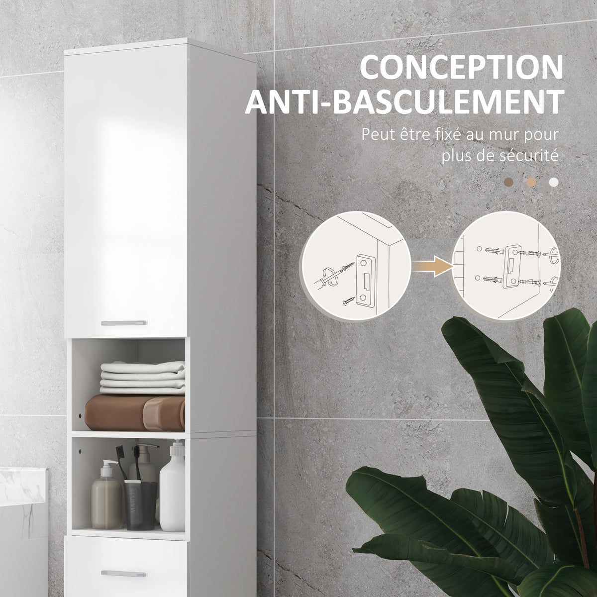 Meuble colonne salle de bain avec étagères réglables et compartiments ouverts, 30x30x180cm, blanc brillant-4