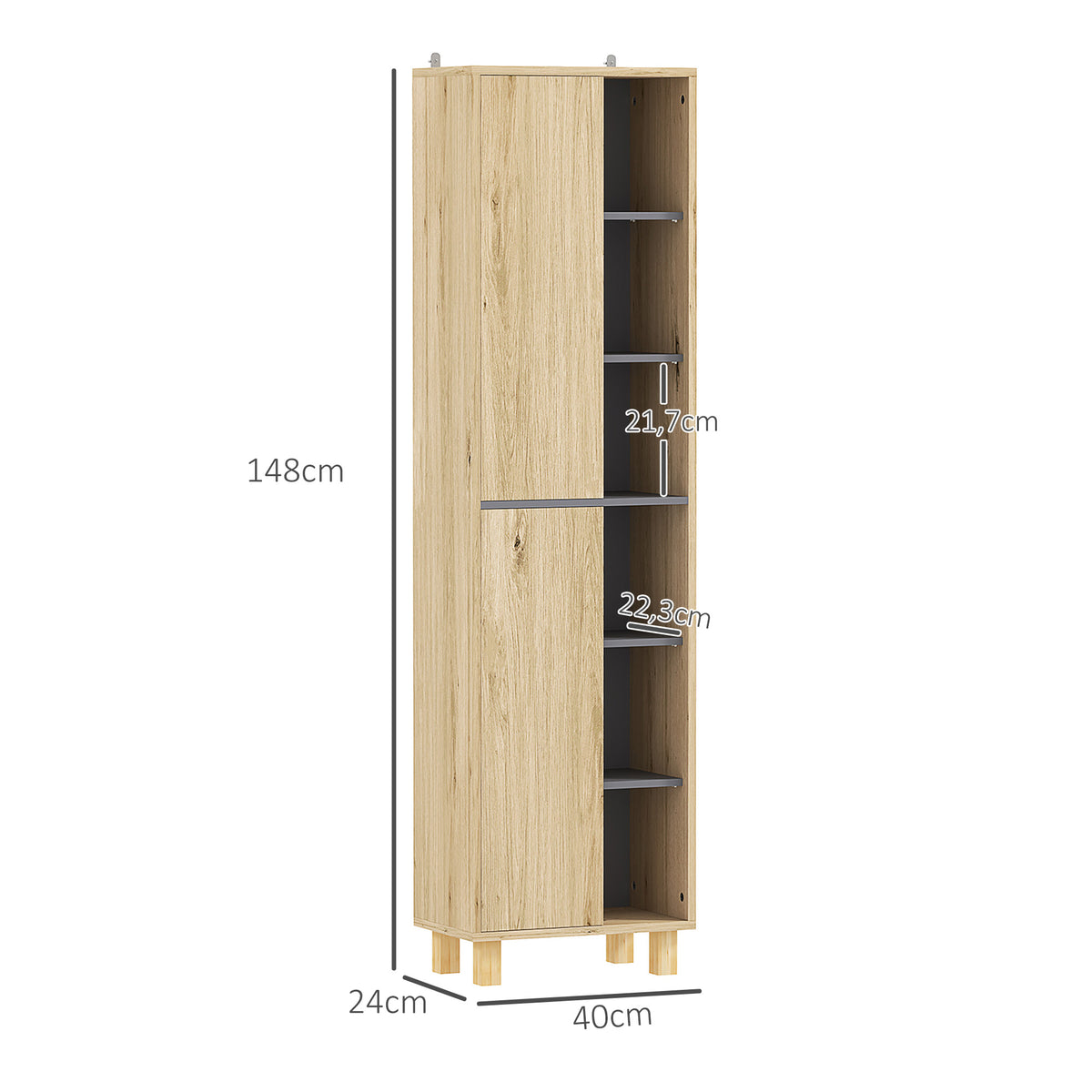 Meuble colonne salle de bain, armoire de salle de bain avec 6 compartiments ouverts et 2 placards, bois naturel-2