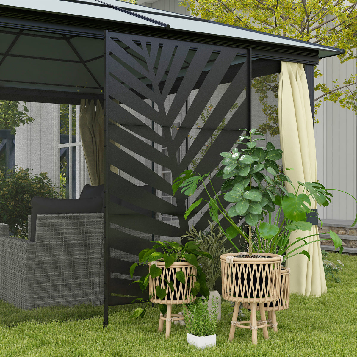 Paravent séparateur de jardin balcon décoratif extérieur à motif végétal en acier 122 x 45 x 198 cm noir-8