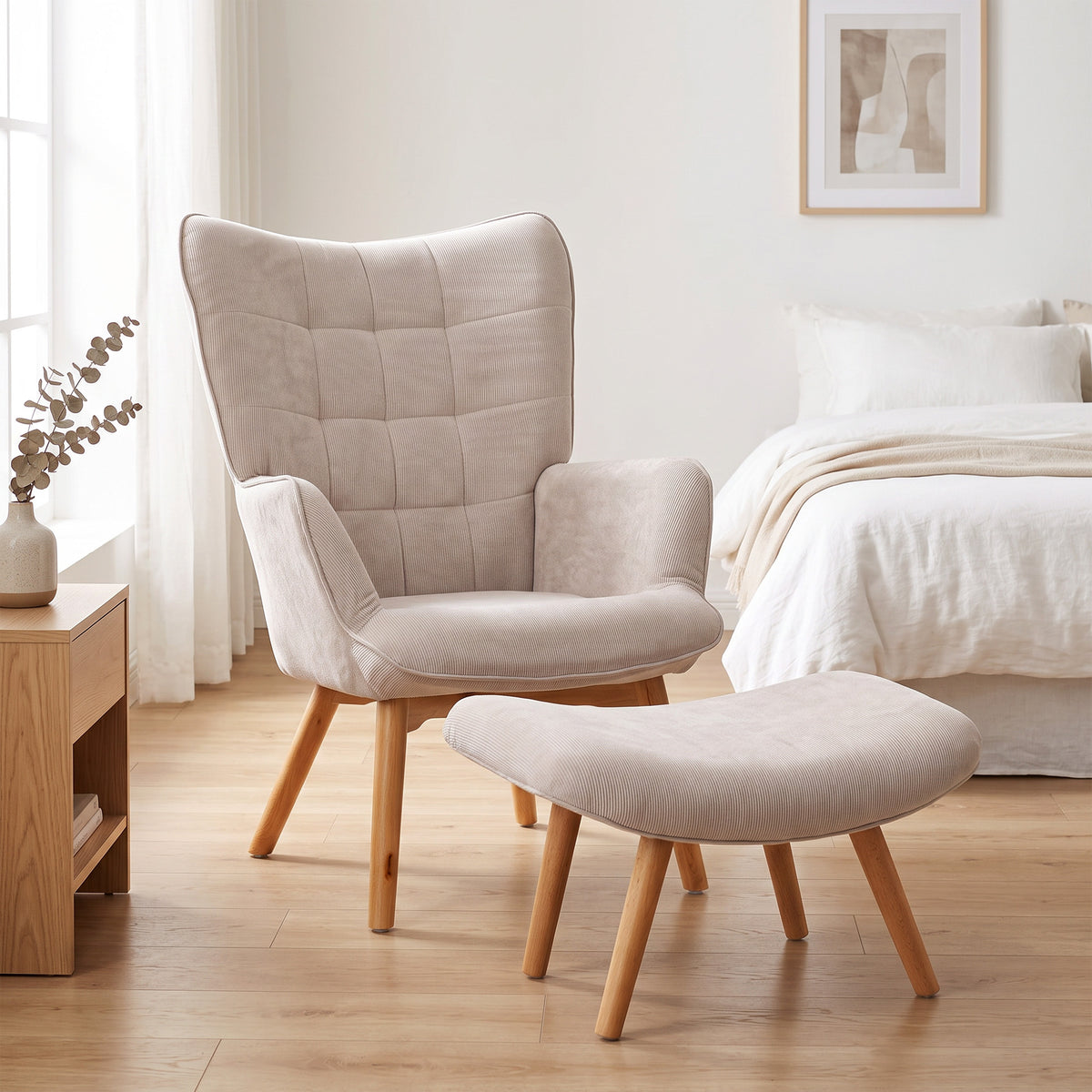 Fauteuil avec repose pied, dossier haut, pieds en bois et tissu aspect velours côtelé, pour salon chambre à coucher beige-7