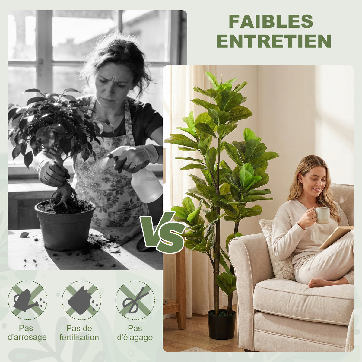 Lot de 2 plantes artificielles intérieures 150 cm, fausse plante à figuier lyre avec pot en ciment, vert-4