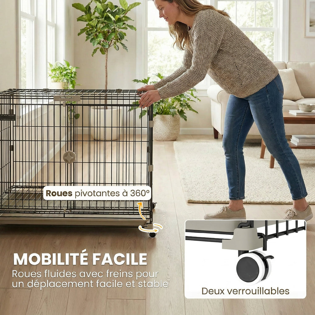 Cage pour Chien, Plateau Amovible, Roues avec Freins, Toit Ouvrant Verrouillable, 75,5x46x64,5cm, Noir-3