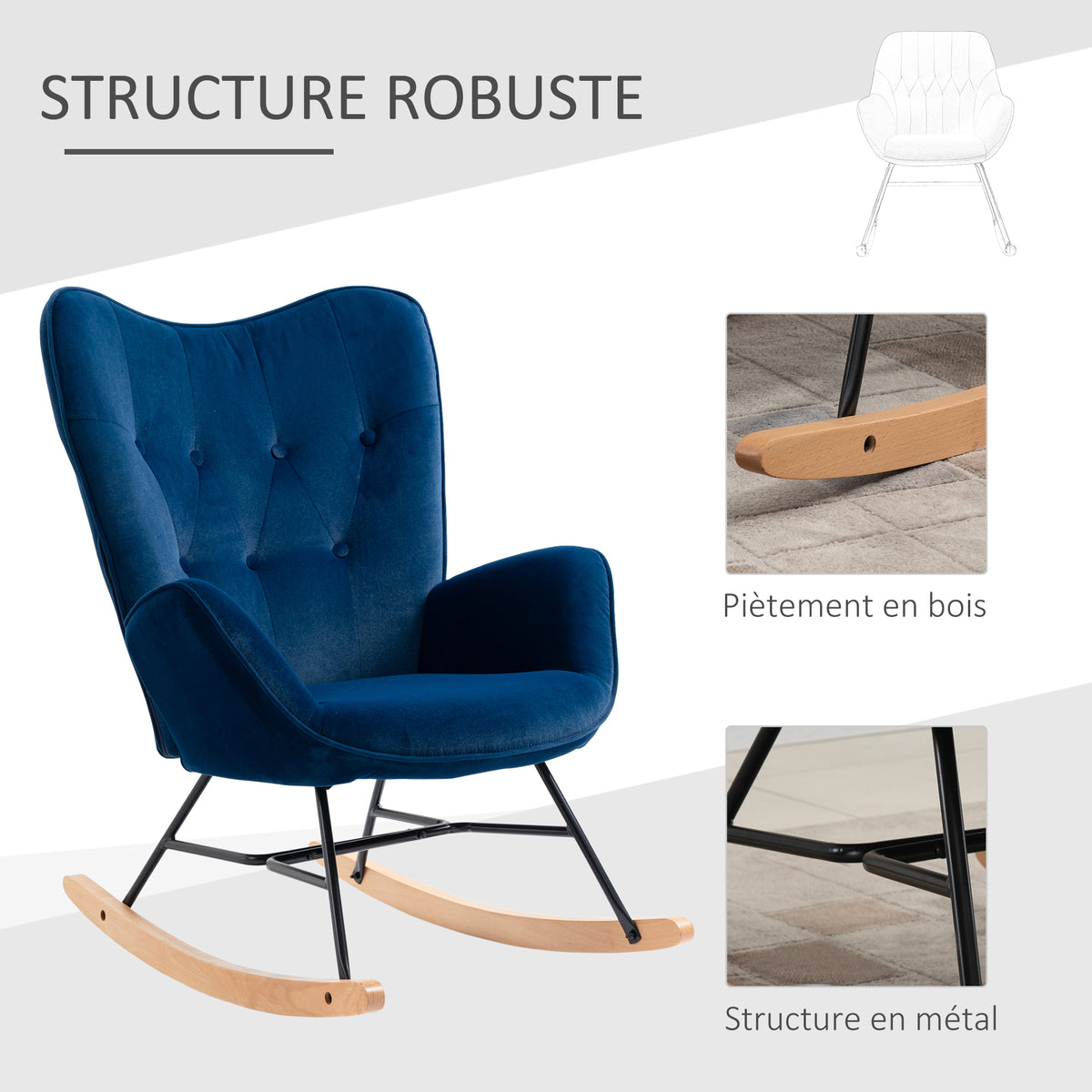 Fauteuil à Bascule, Rocking Chair, fauteuil allaitement confortable avec Structure en bois massif et métal pour Salon, Chambre, Balcon, Velours Bleu-6