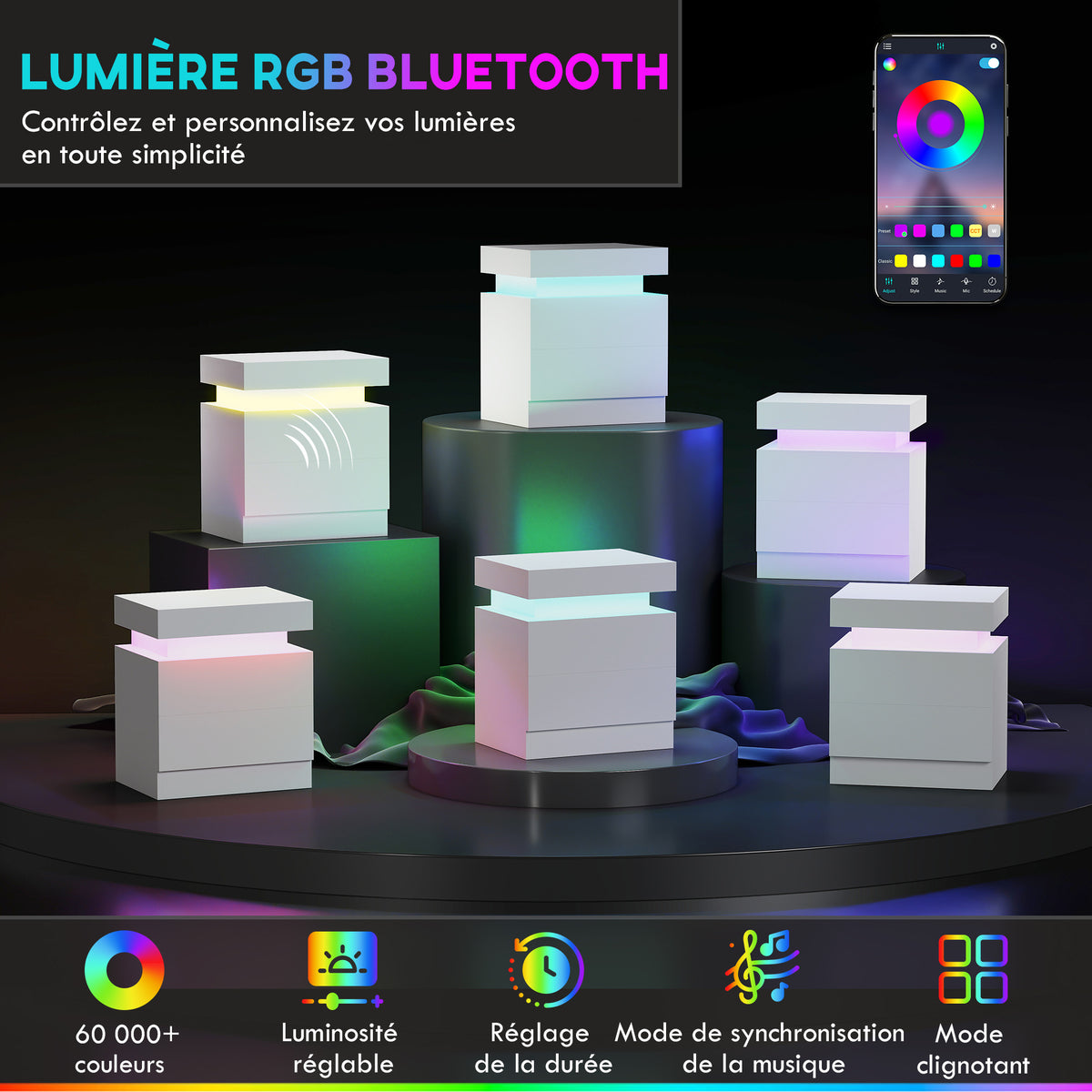 Table de chevet table de nuit lumière LED RVB panneau haute brillance avec 2 tiroirs pour salon chambre à coucher blanc-3