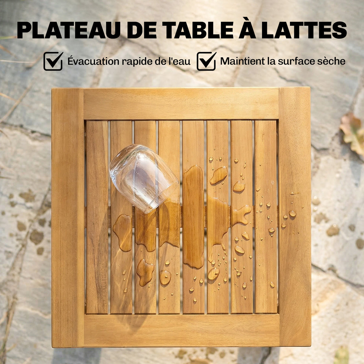 Table Basse de Jardin Carrée en Bois d'acacia Massif, avec Plateau à Lattes, Pieds Réglables, 48x48x46cm, Naturel-4