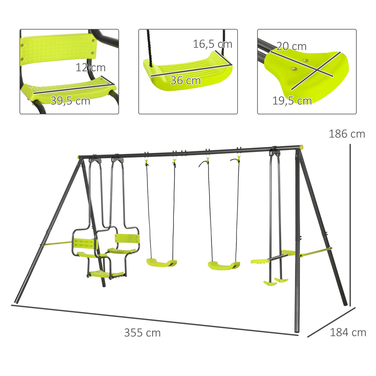 Balançoire 4 agrès portique avec balançoire - dim. 3,55L x 1,84l x 1,86H m métal époxy anticorrosion PE Gris-2