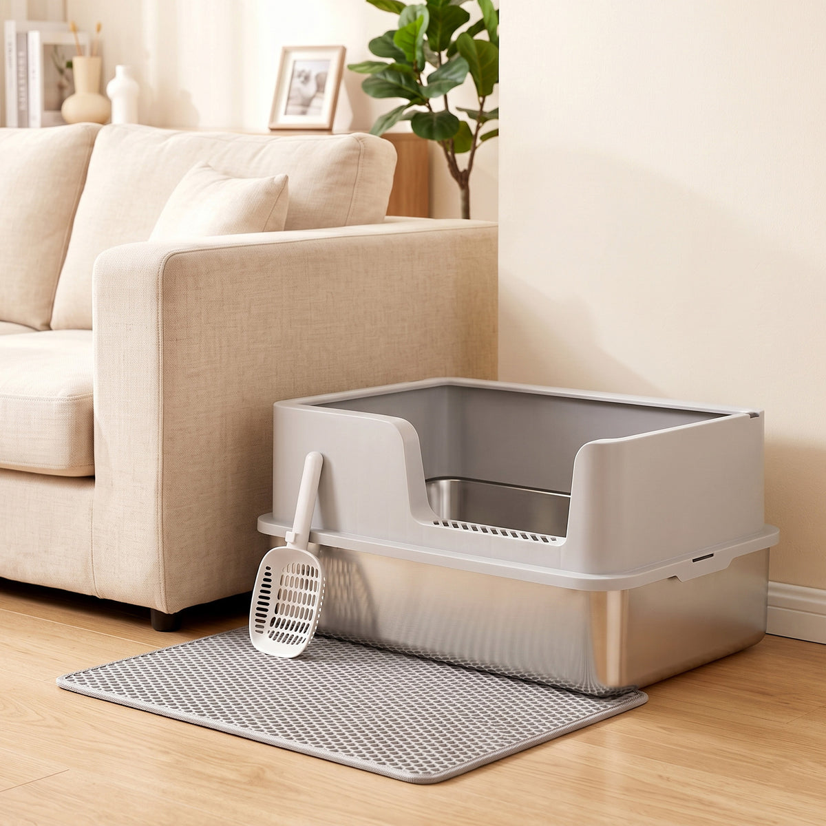 Bac Litière pour Chat en INOX Couvercle Bords Hauts Pelle et Tapis Anti-Adhérent Anti-Odeurs 60x40x30cm Gris Clair-1