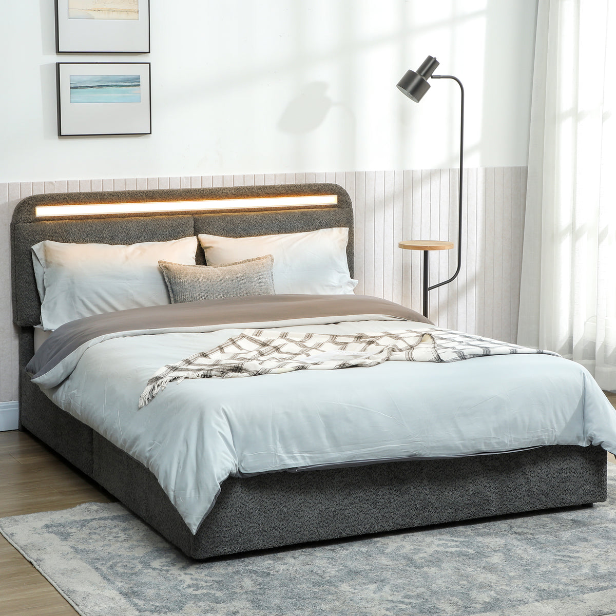 Lit coffre 140 x 190 cm avec éclairage LED, tête de lit réglable, cadre de lit double, sommier à lattes en bois, gris-1