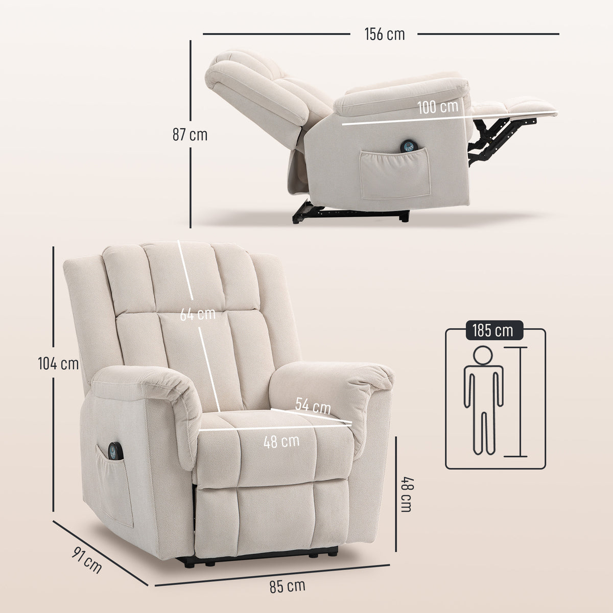 Fauteuil relax massant et chauffant, fauteuil inclinable, dossier réglable manuellement, 85x91x104cm, beige-2