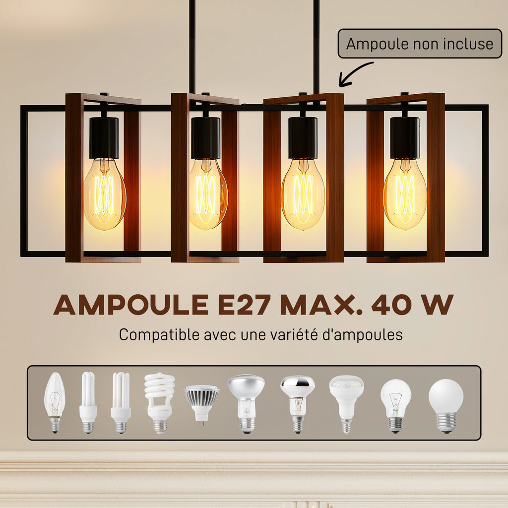Suspension luminaire moderne, lustre plafonnier avec 4 cadres rotatifs et hauteur réglable, 80 x 21 x 90-130 cm, noyer-4