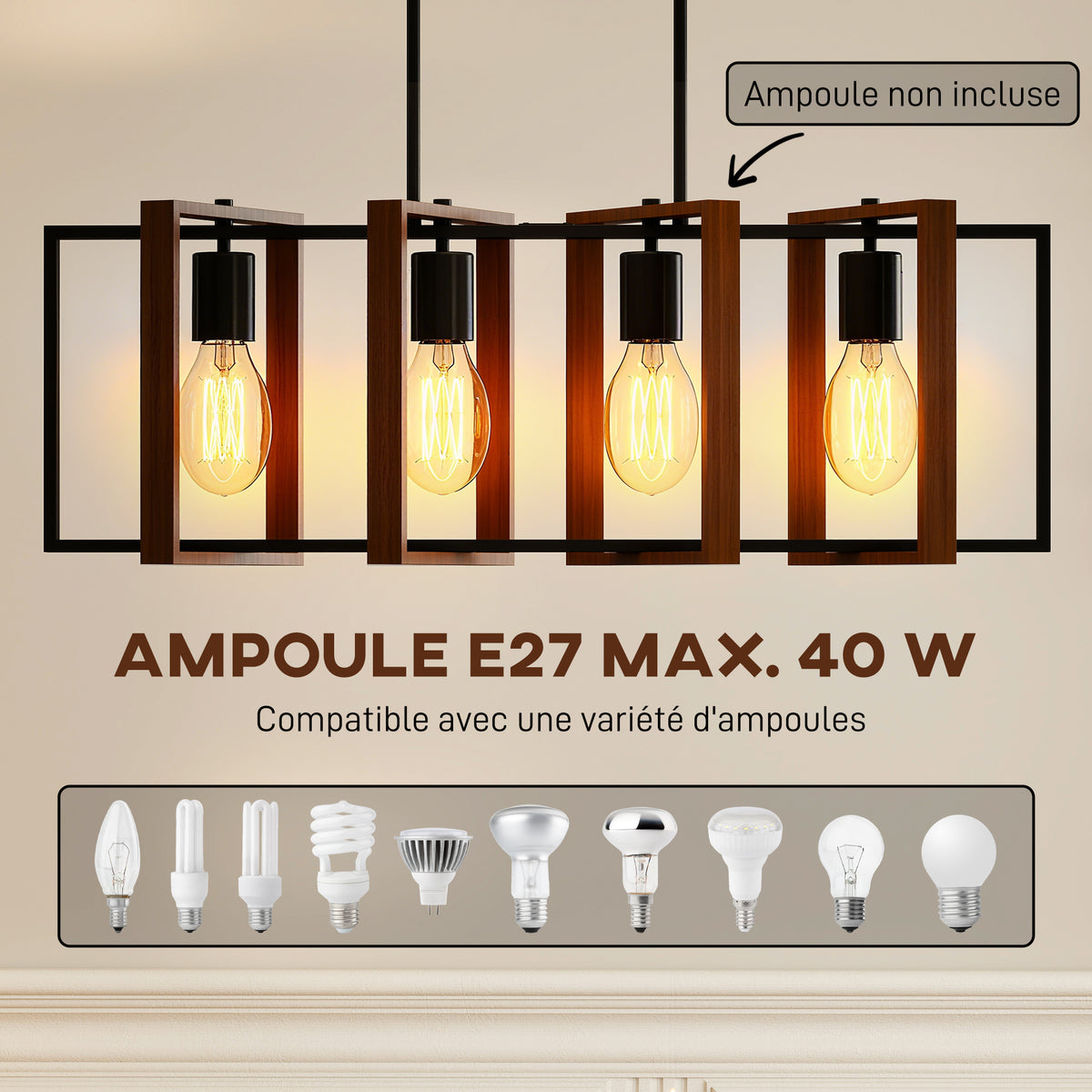 Suspension luminaire moderne, lustre plafonnier avec 4 cadres rotatifs et hauteur réglable, 80 x 21 x 90-130 cm, noyer-4
