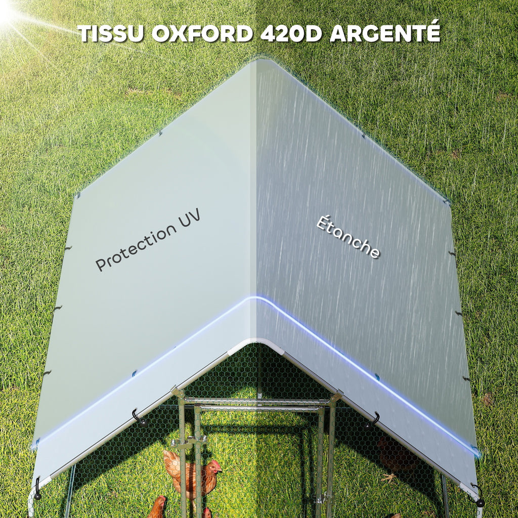 Enclos poulailler extérieur 4 m², parc grillagé - acier galvanisé Ø19mm - bâche Oxford 420D anti-UV 200x200x200cm argent-6