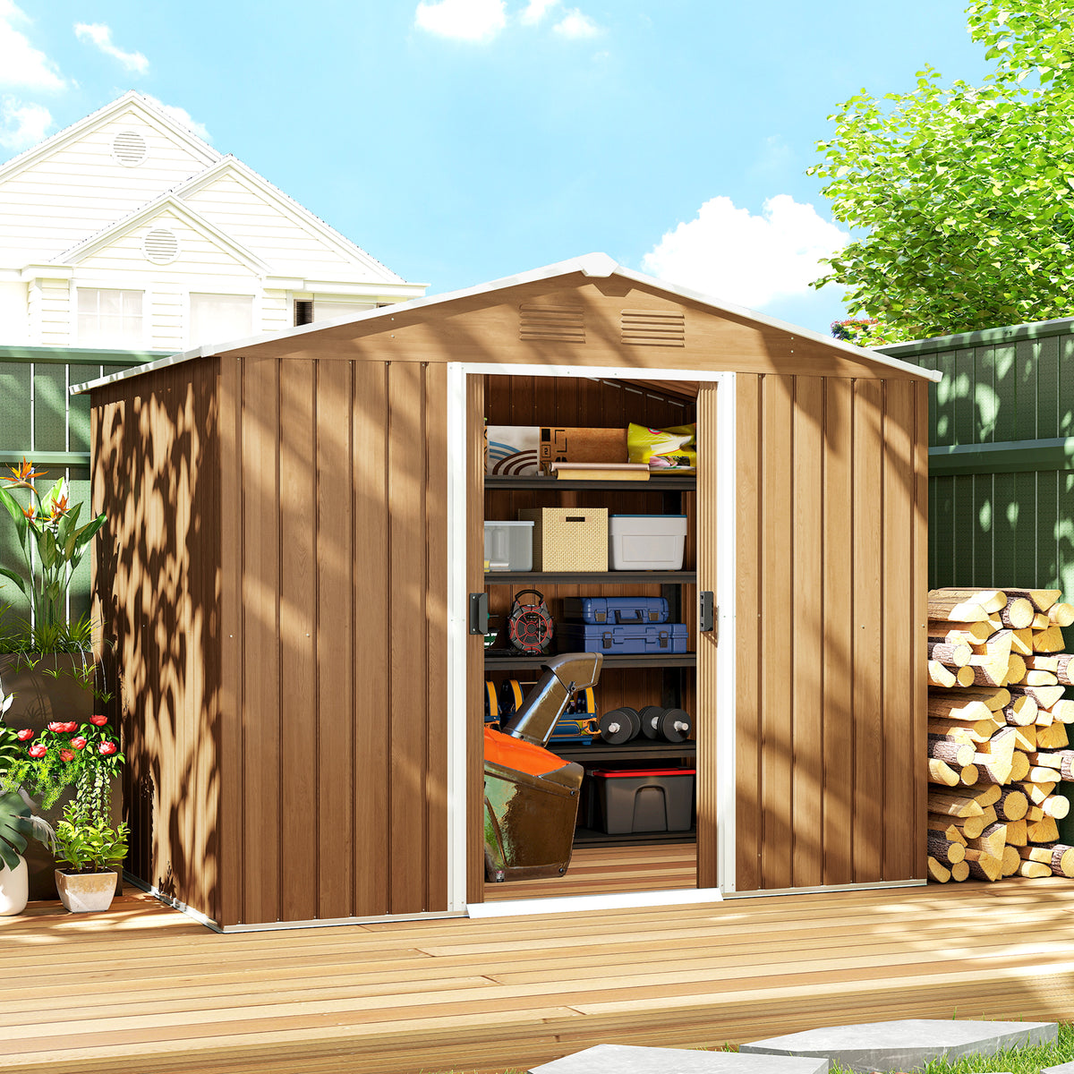Abri de Jardin en Acier 3,6 m² Toit Incliné 4 Aérations Portes Coulissantes Verrouillables 236x171x191cm, Marron Foncé-1