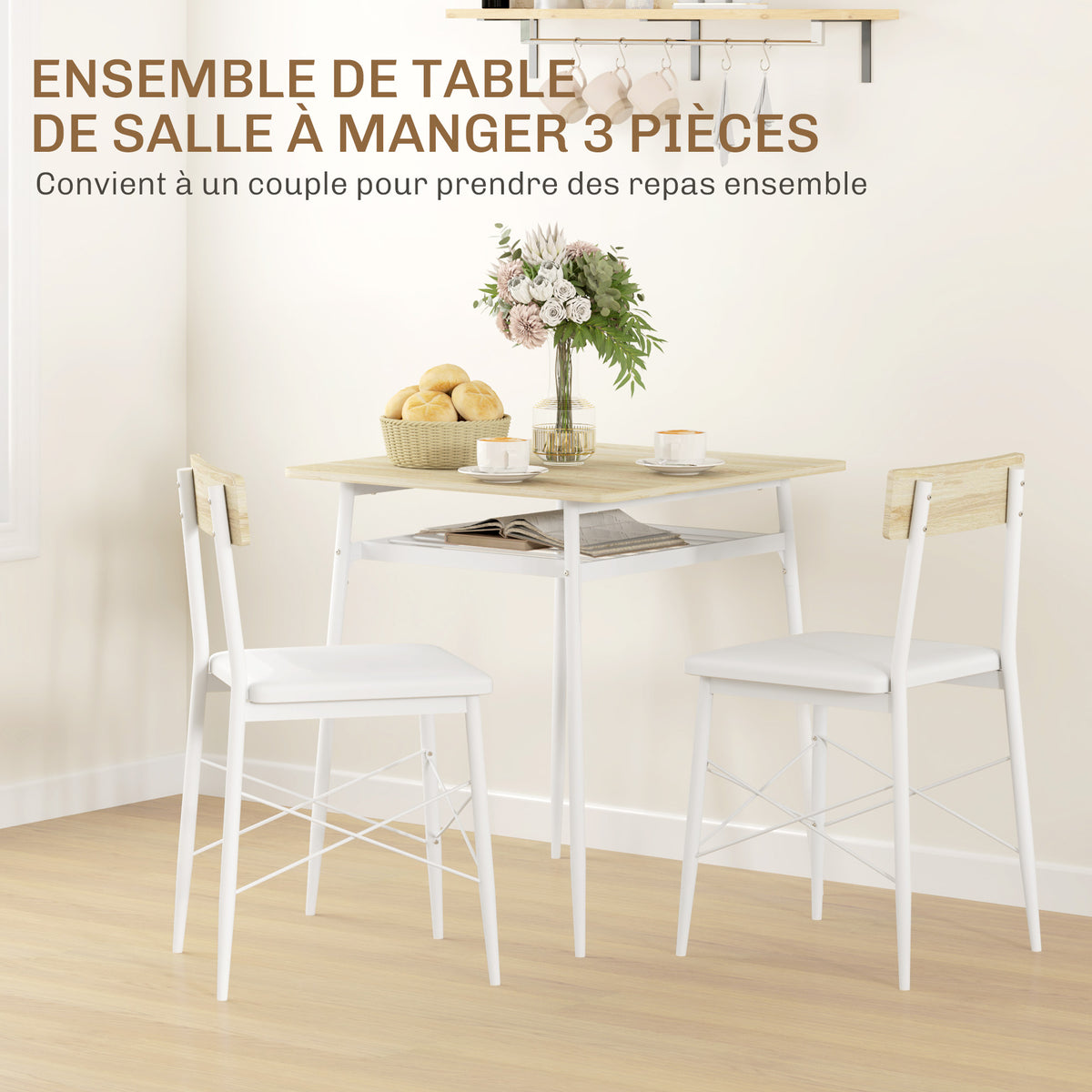 Ensemble table et chaises, table de cuisine avec chaises, structure en acier, avec 2 chaises encastrables, blanc chêne-3