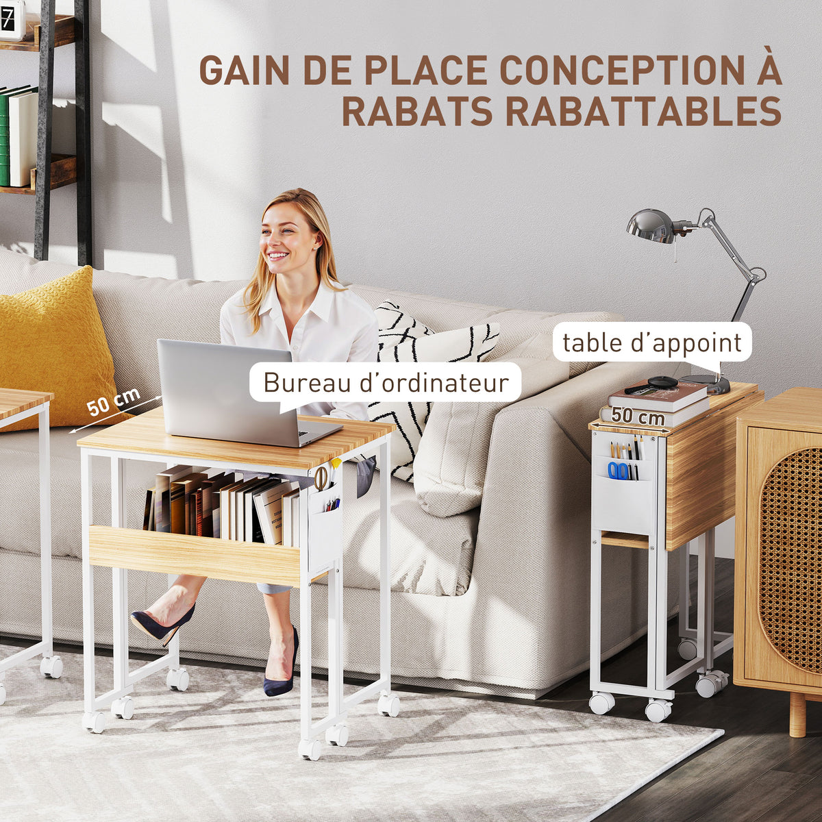 Bureau pliable sur roulettes 63 x 50 cm avec étagère et sac de rangement, bois naturel-3