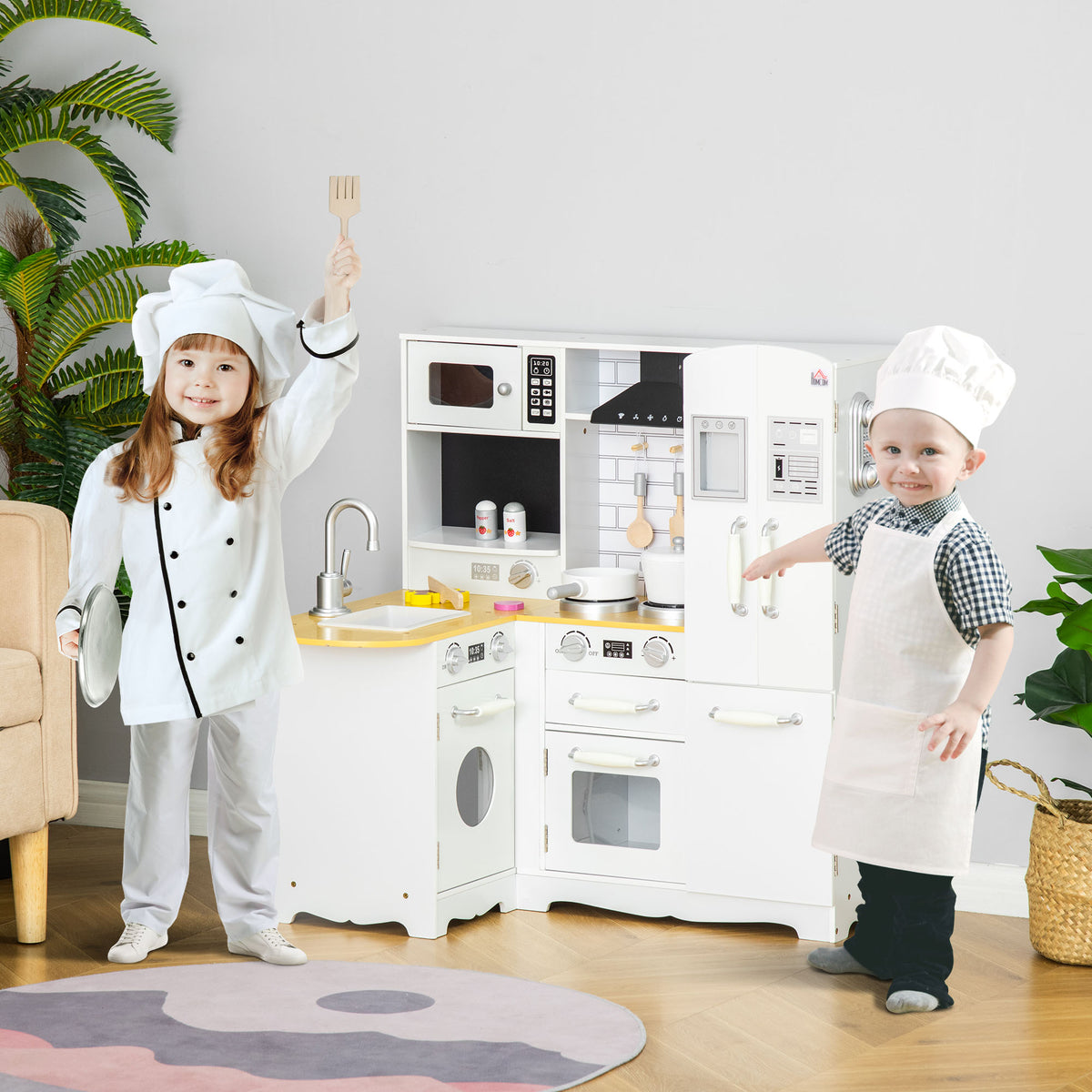 Cuisine pour Enfant 3-6 ans Jeu d'imitation Nombreux Accessoires rangements évier, robinet, four, micro-ondes, hotte, téléphone et réfrigérateur Blanc-1