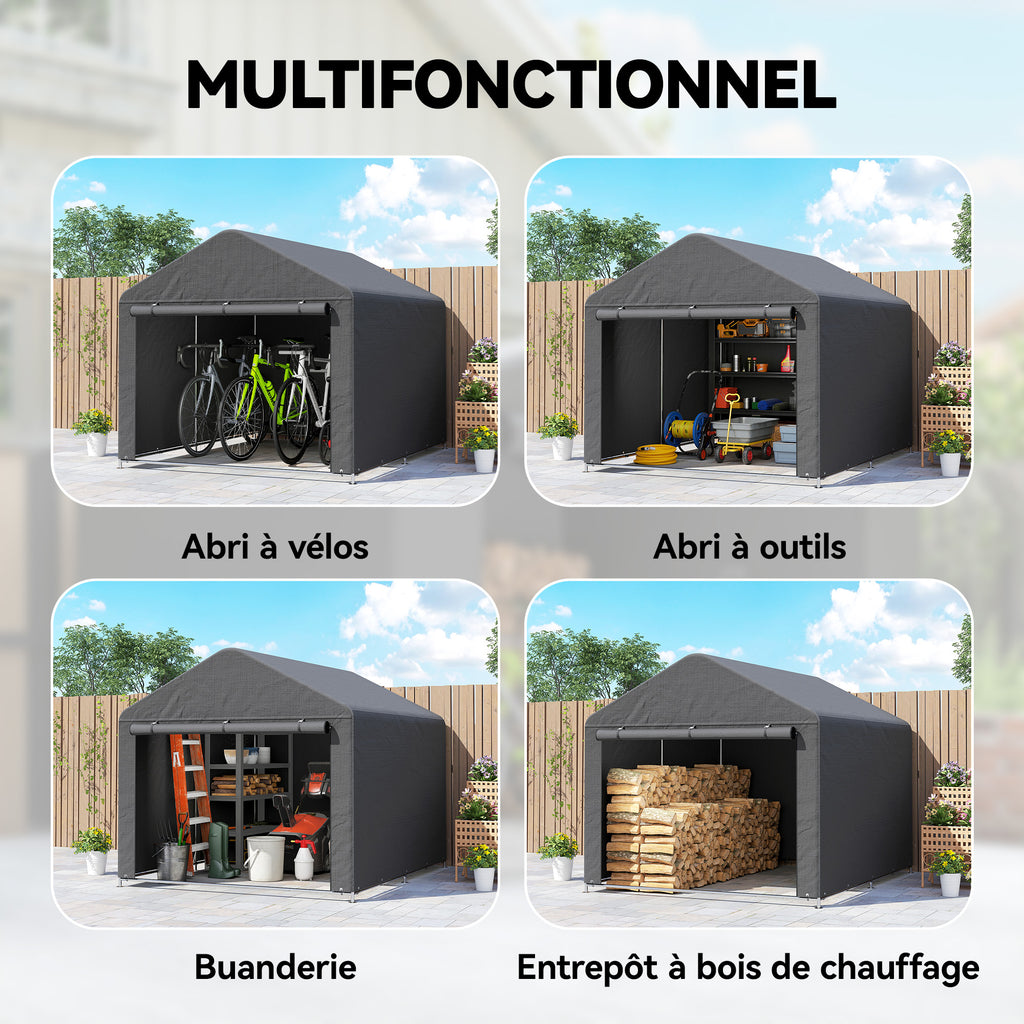 Abri de jardin tente de stockage imperméable abri moto porte enroulable fermeture éclair, 200 x 238 x 183 cm, gris foncé-5
