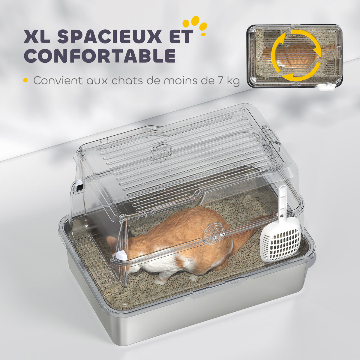 Bac à litière fermé XL en acier inoxydable, maison de toilette pour grand chat, 60,2 x 40,2 x 43,3 cm, gris clair-4