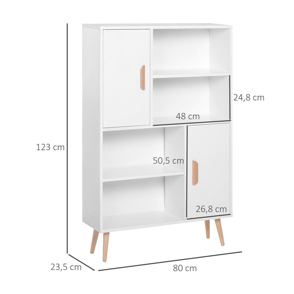 Bibliothèque scandinave 4 niches + 2 placards avec étagère dim. 80L x 24l x 123H cm Pieds effilés inclinés Bois Massif Panneaux Particules Blanc-2