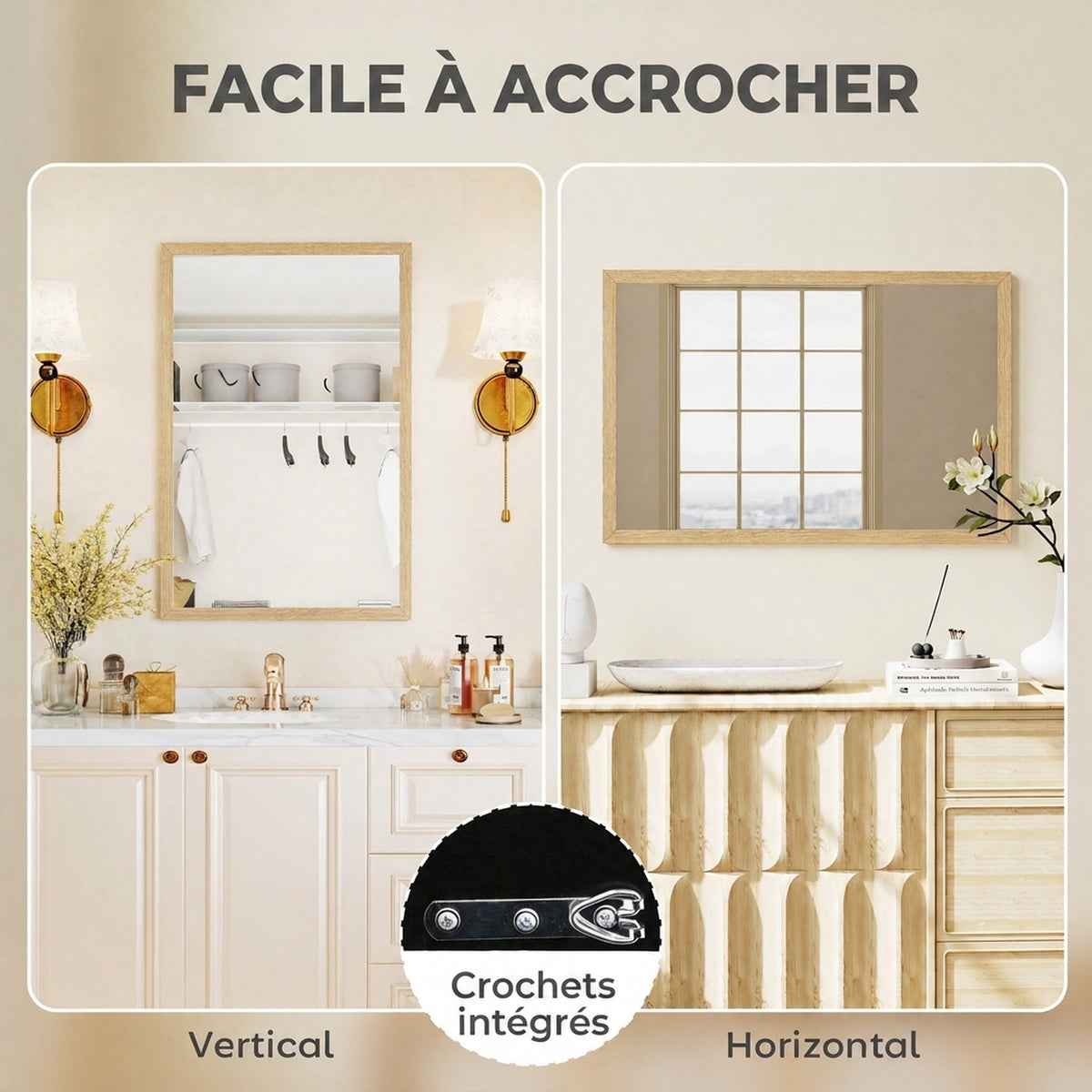 Miroir mural rectangulaire 60 x 40 cm, cadre en bois naturel, idéal pour la salle de bain, salon ou chambre-4