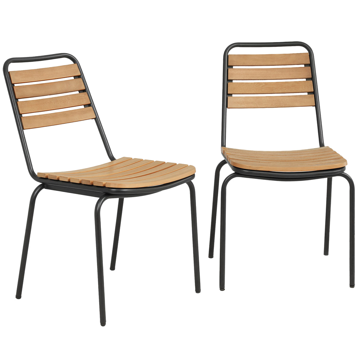 Lot de 2 Chaises de Jardin Empilables, Assise et Dossier en Bois Massif à Lattes, Cadre en Acier, 61x47x81cm, Naturel-0