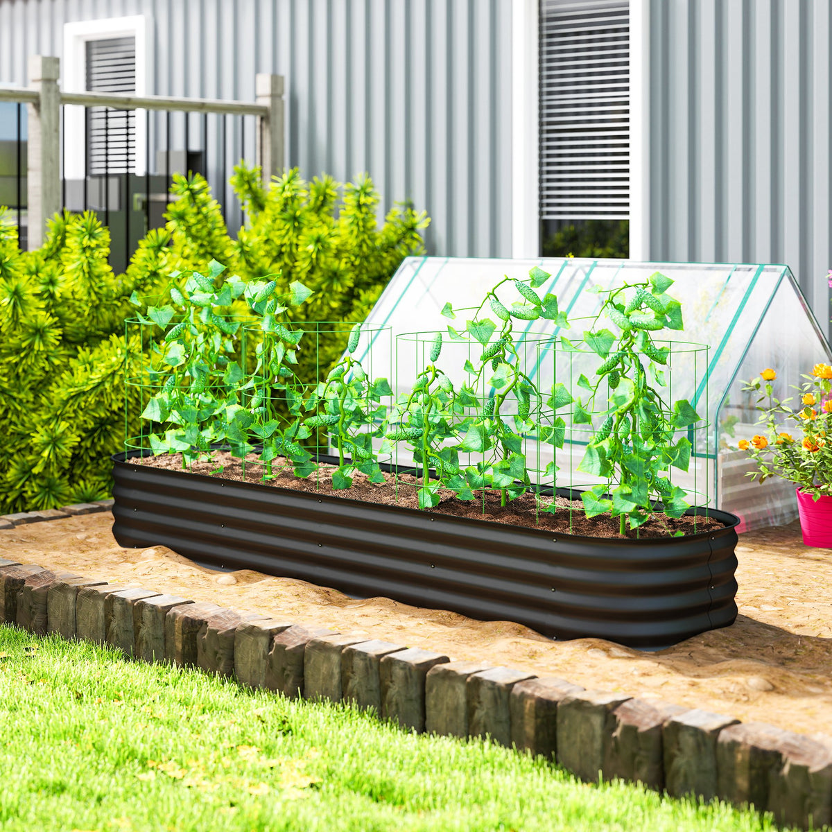 Jardinière surélevée carré potager de jardin en acier modulable pour légumes, plantes, fleurs, dim. 240 x 62 x 30cm-1
